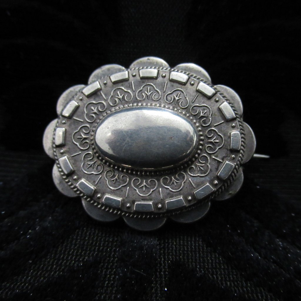 Victorian Oval Silver Antique Brooch Sweetheart Pin Mourning Scalloped Repou